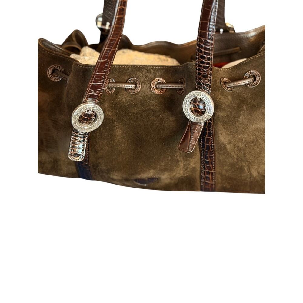 Brighton Brown Suede Croc-Trim Drawstring Shoulder Bag